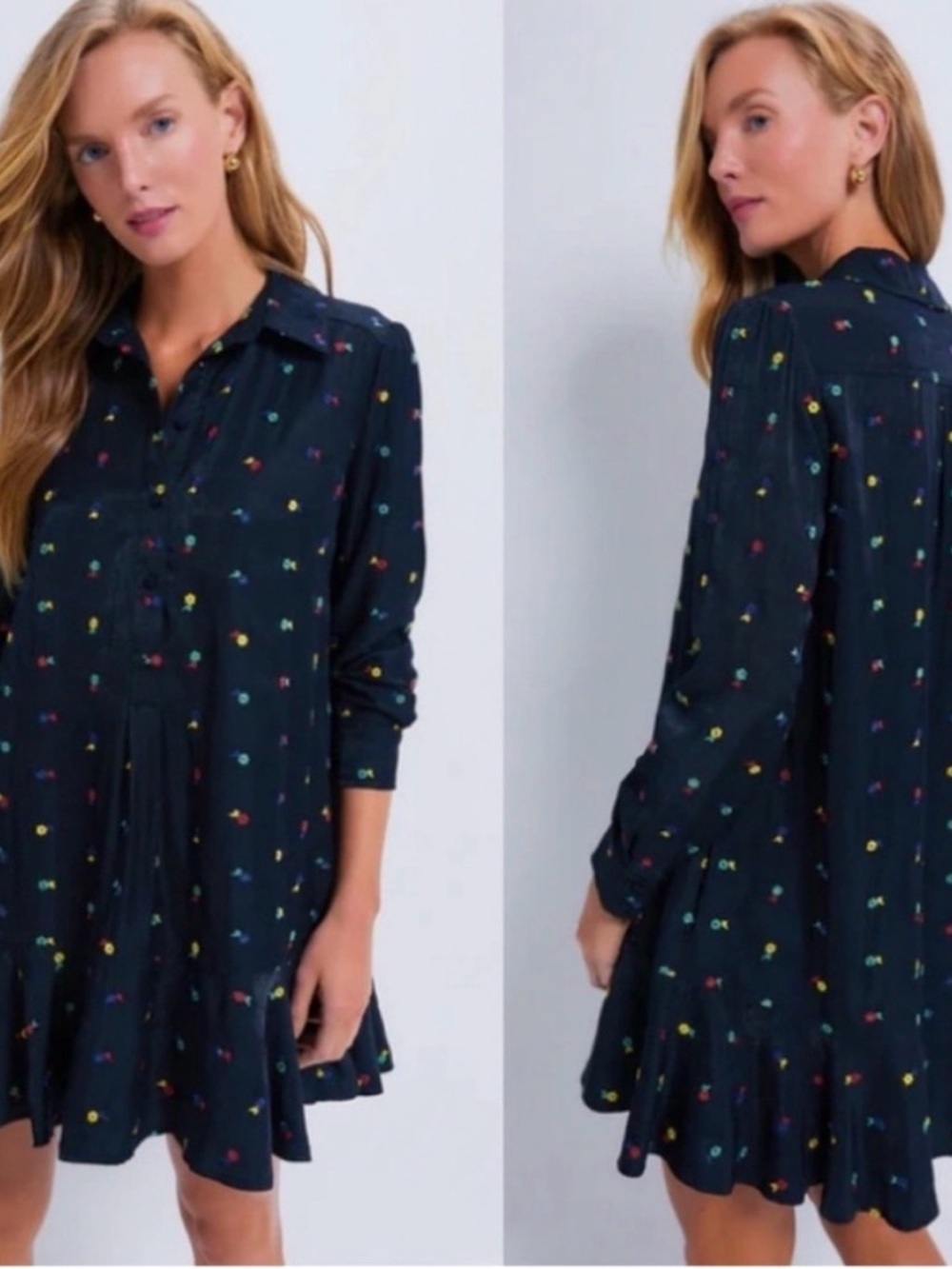 Tuckernuck Dress Womens Embroidered Callahan Navy Multi Drop Waist Ruffle size L